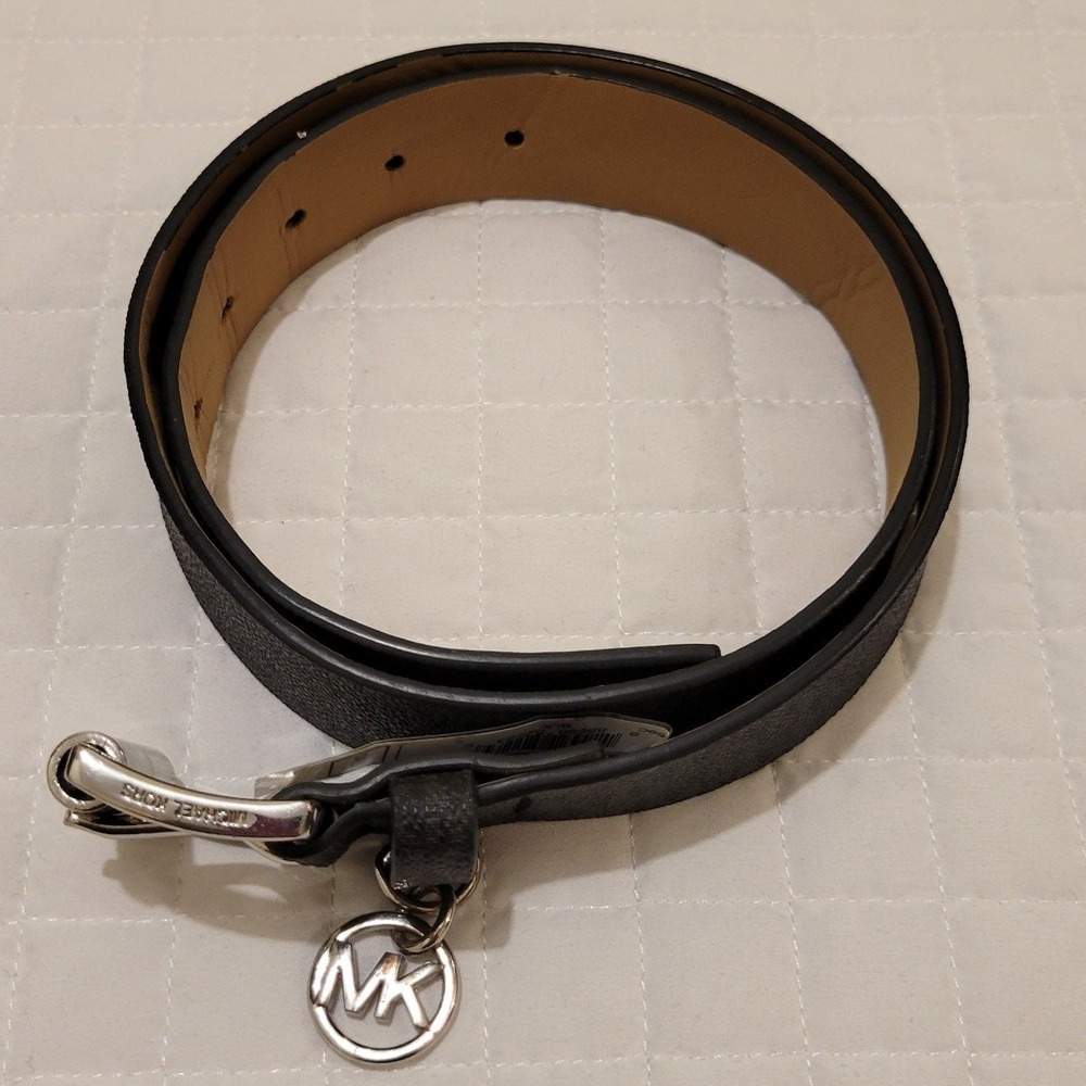 Michael Kors Womens Black Monogram Logo Belt Silver Buckle MK Charm 553559C Prep